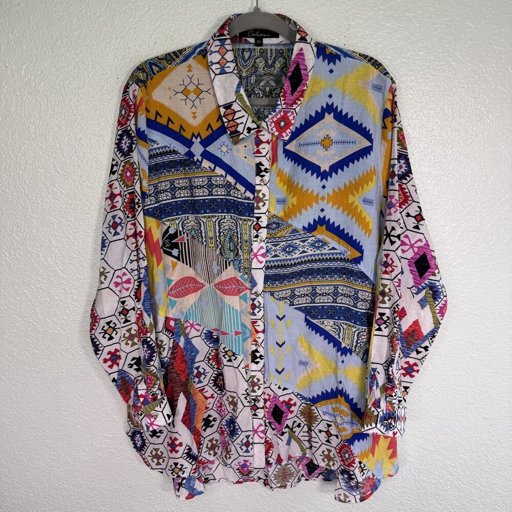Calessa Top Womens 2X Geometric Button Front Boho Tunic Blouse Tribal Multicolor